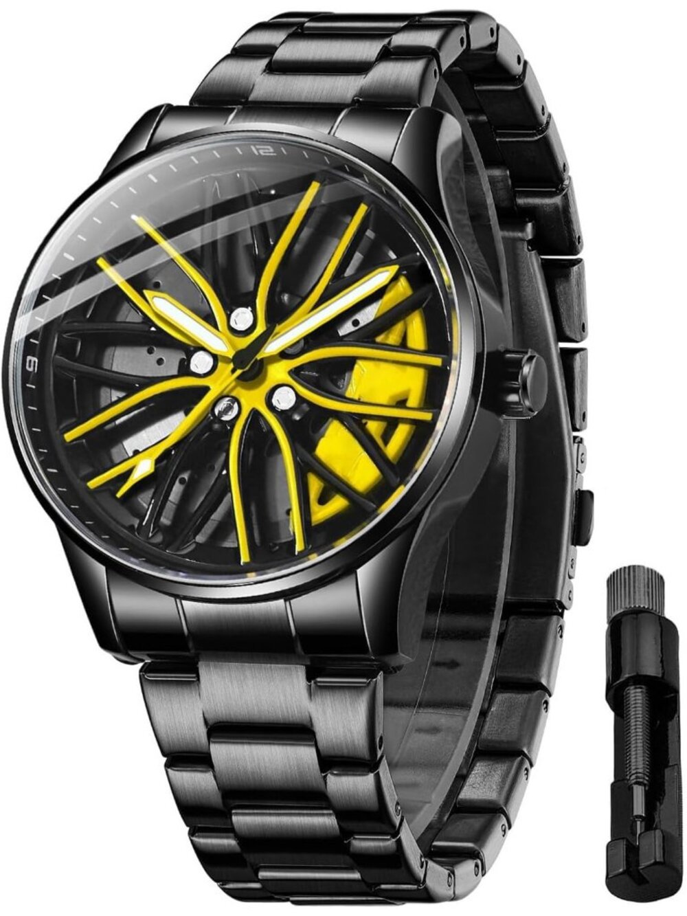 Men's Black Yellow 3D Spinning Car Wheel Rotating Stainless Steel Strap Watch
